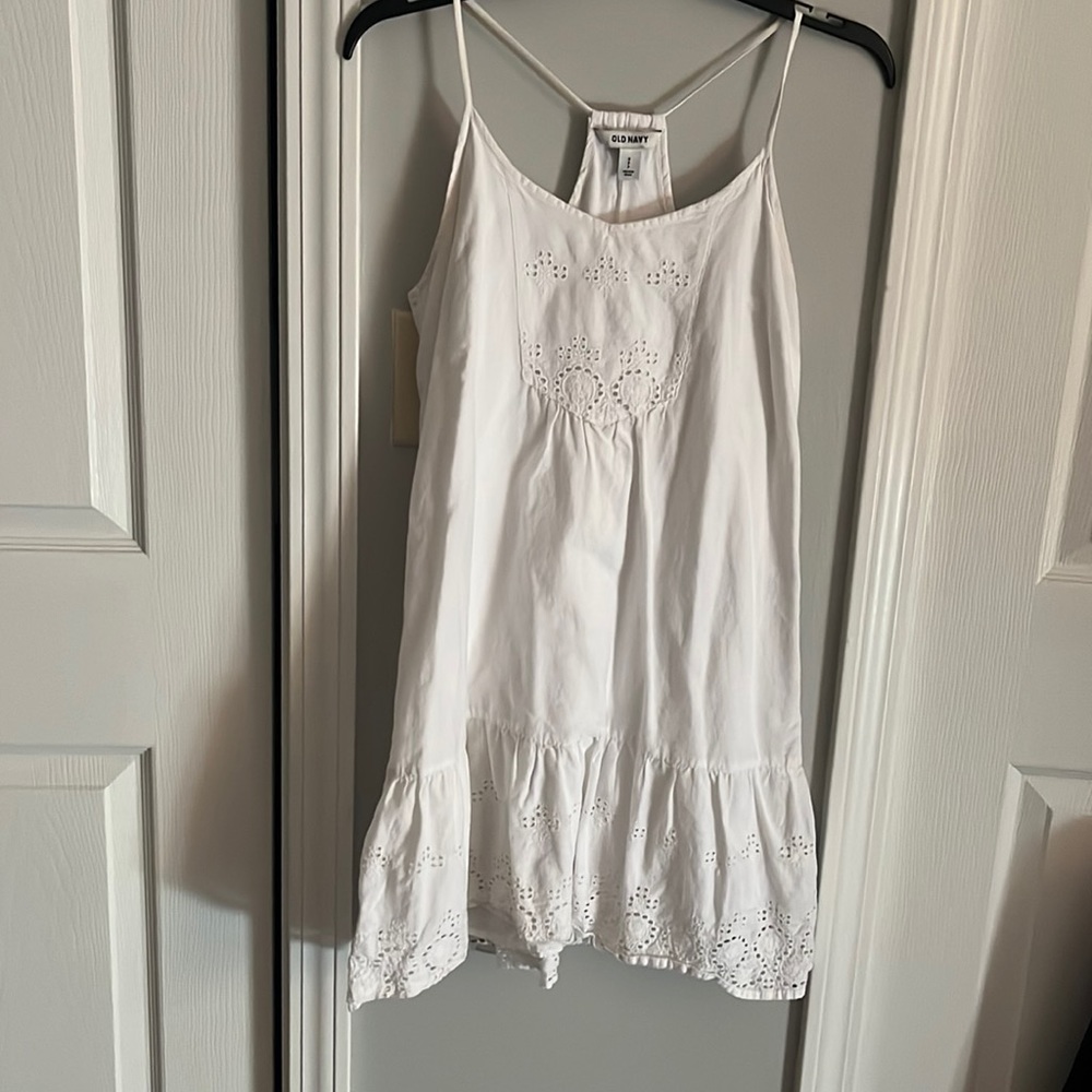 OLD NAVY White Eyelet Cotton Racerback A-Line Ruffled Hem Lined Mini Dress